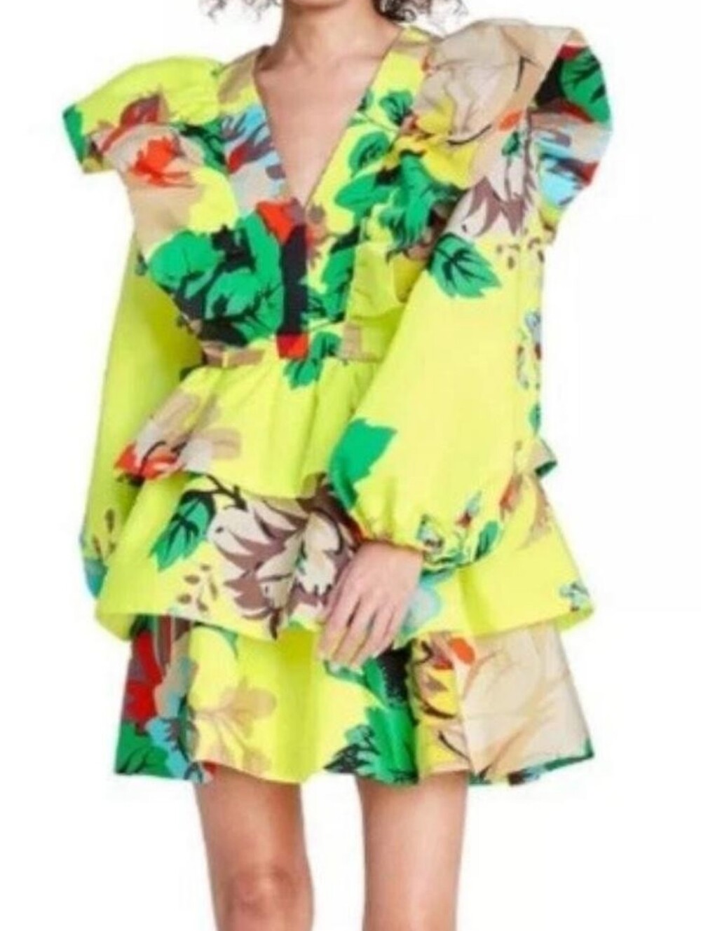 Christopher John Rogers for Target Yellow Floral Ruffle Tiered Mini Dress Size 0